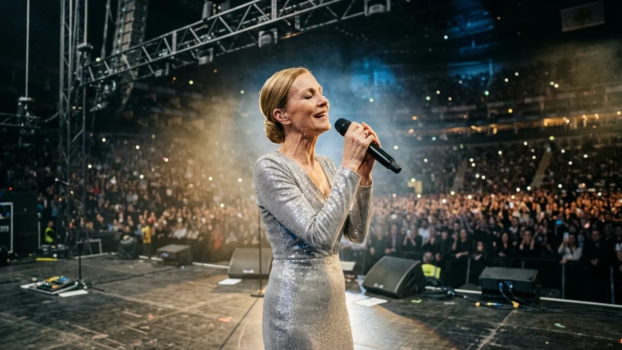 Céline Dion sul palco durante un'esibizione dal vivo