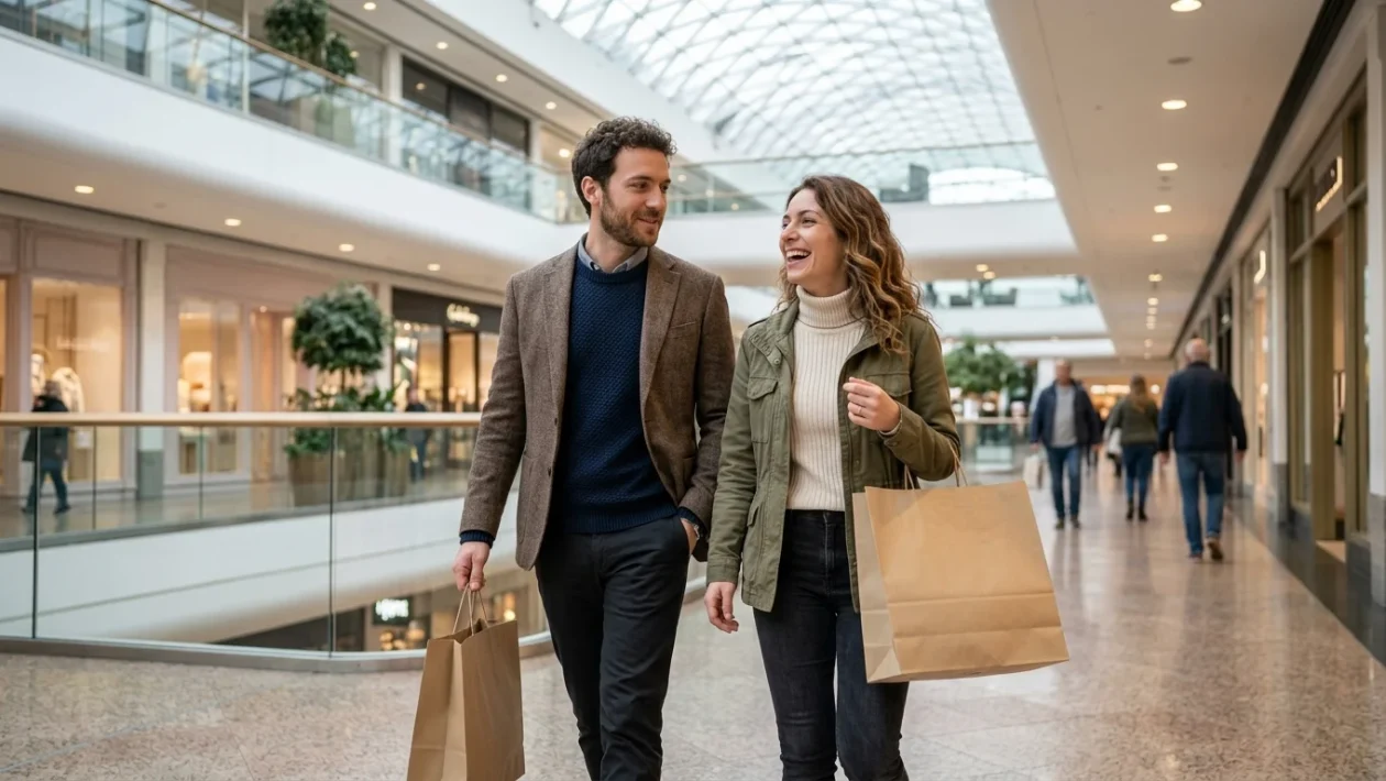 Scorcio della galleria del Centro Commerciale Campania a Marcianise con negozi e visitatori