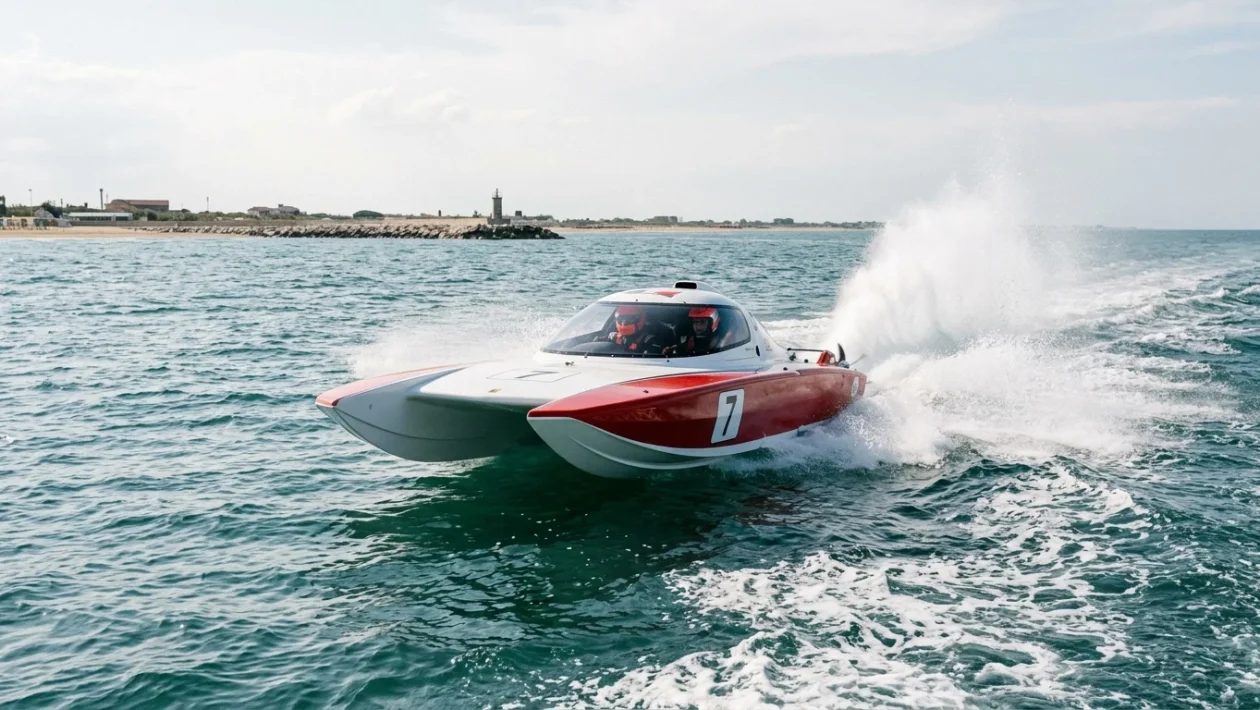 Imbarcazione offshore in gara ad alta velocità sul mare