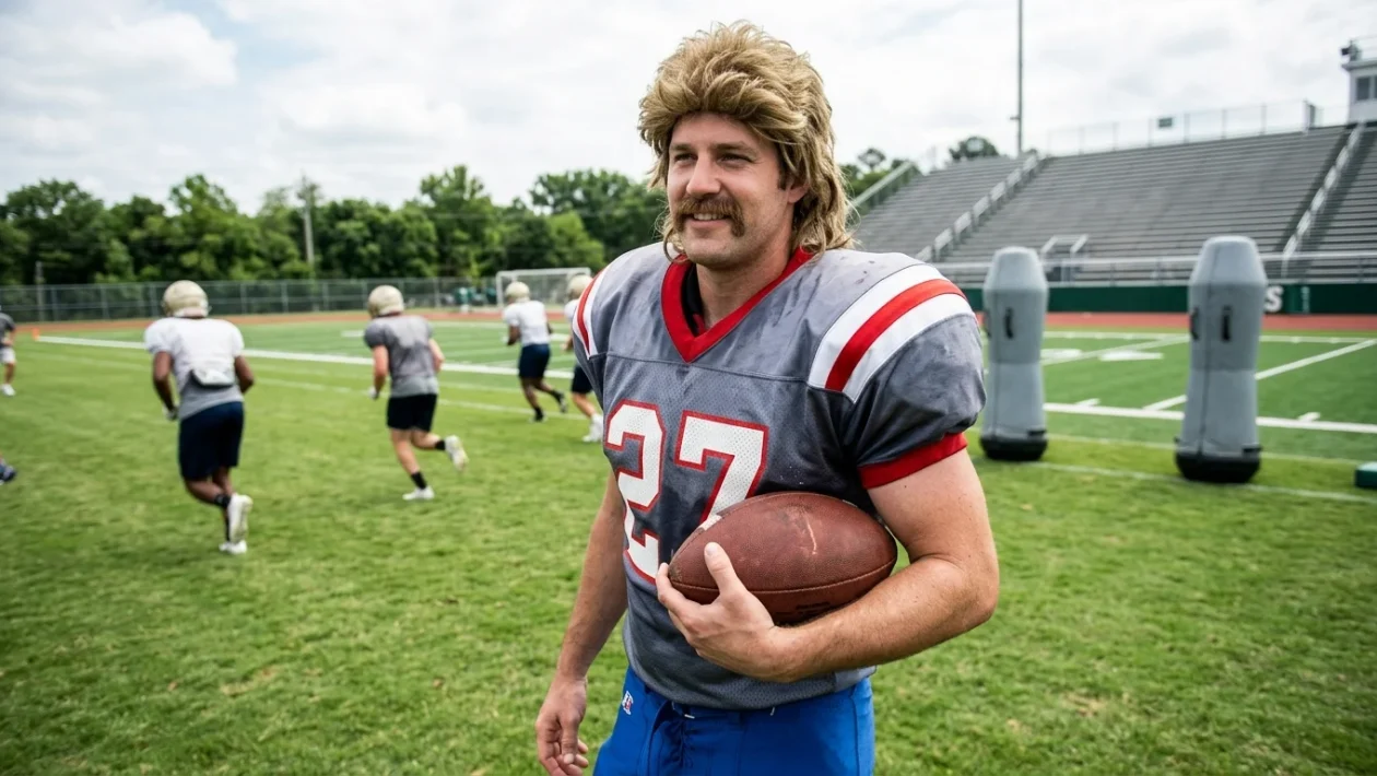 Glen Powell con protesi facciale e parrucca nei panni di Chad Powers sul campo da football