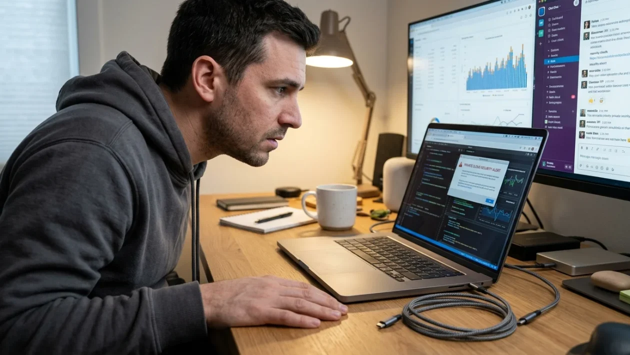 Laptop su una scrivania con risultati di ricerca sfocati sullo schermo e documenti cartacei accanto