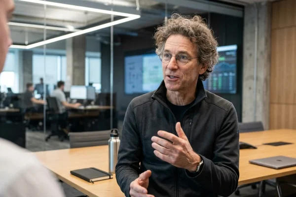 Alex Karp CEO di Palantir Technologies durante un intervento pubblico