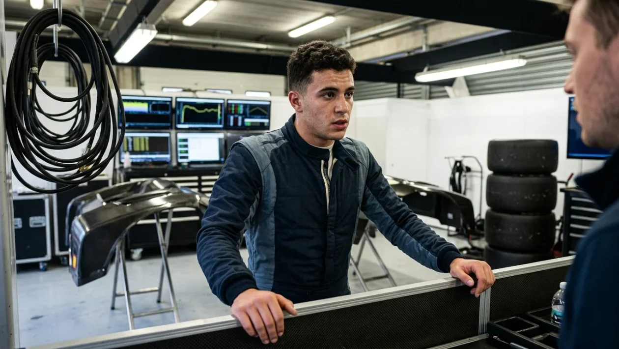Il pilota Isack Hadjar con la tuta da corsa nei paddock del motorsport