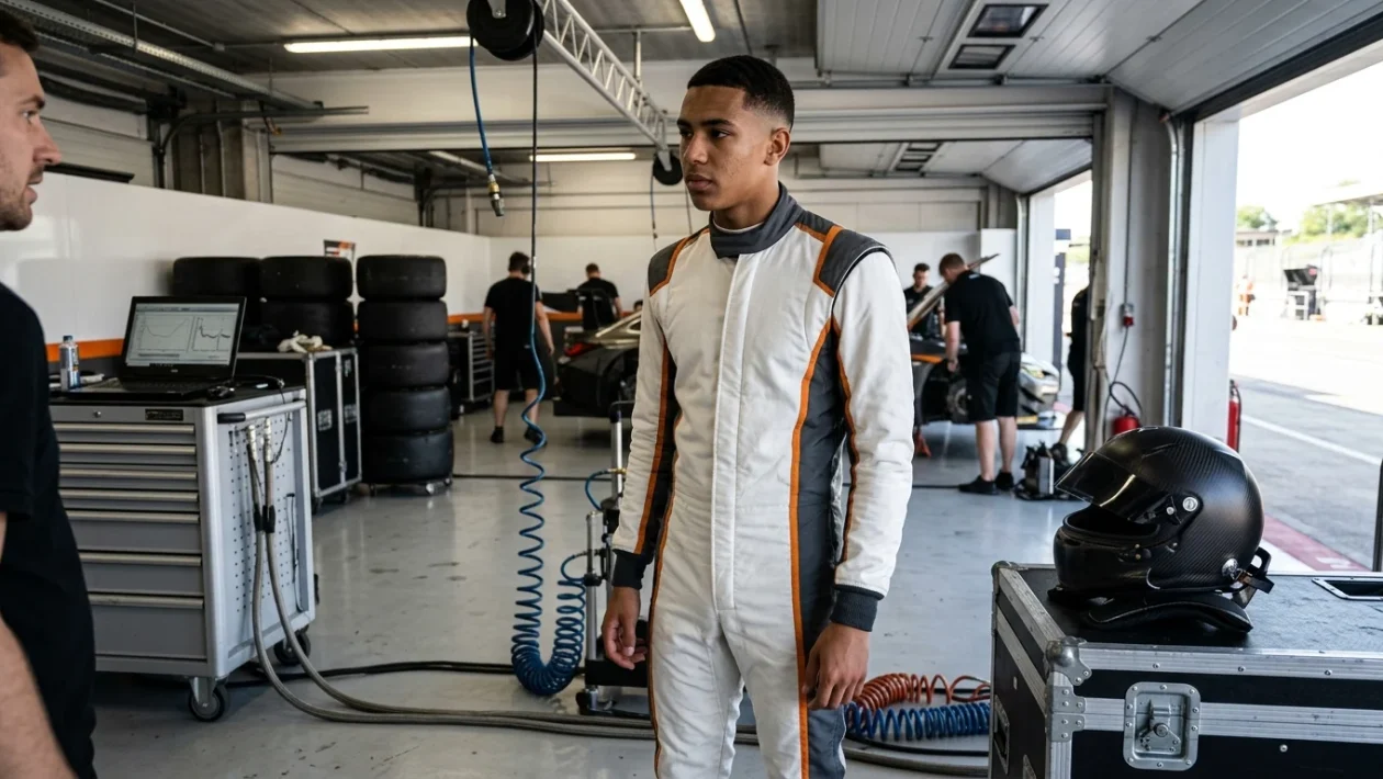 Ugo Ugochukwu con la tuta da corsa nel paddock