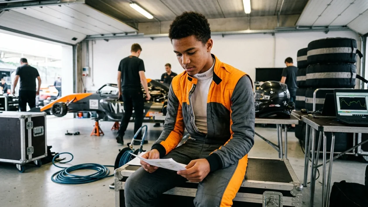 Il pilota automobilistico Ugo Ugochukwu con la tuta ufficiale del programma McLaren