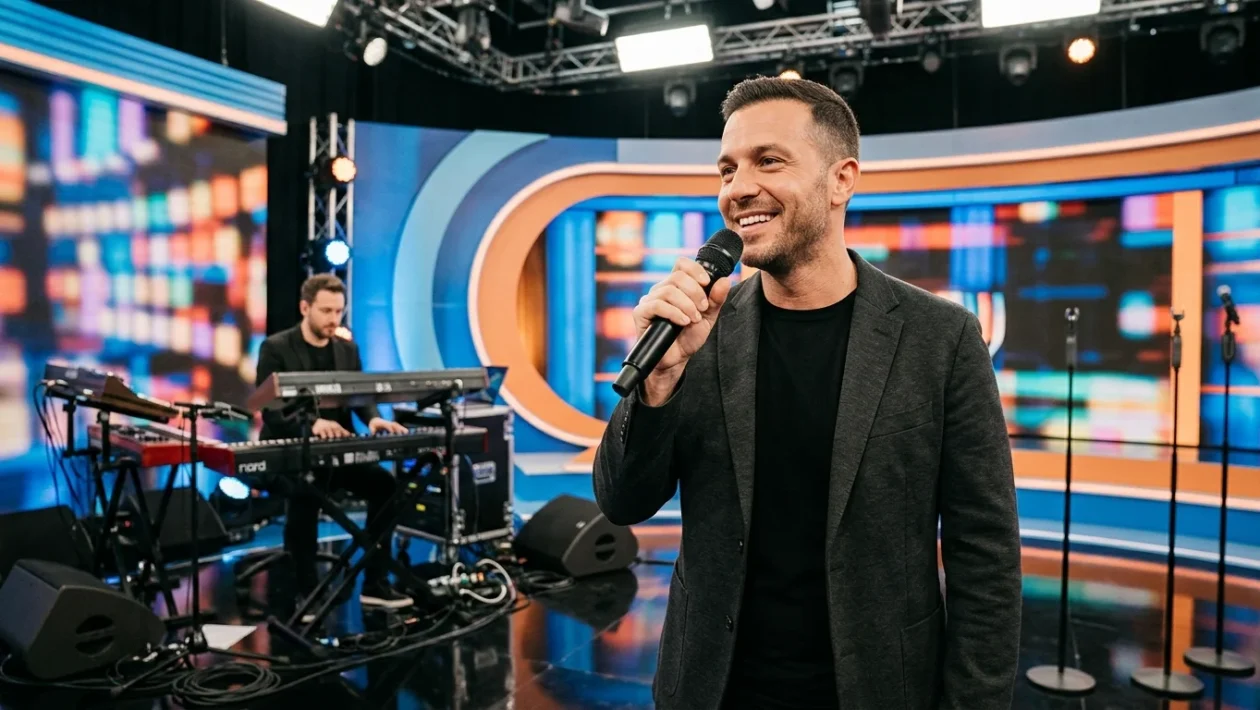 Alex Mandelli nuovo cantante dei Fortuna Five nello studio de La Ruota della Fortuna con Gerry Scotti