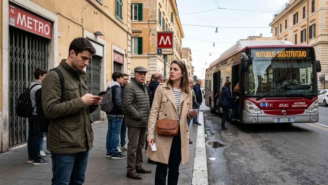 Banchina della metropolitana di Roma con display informativo sui treni sospesi
