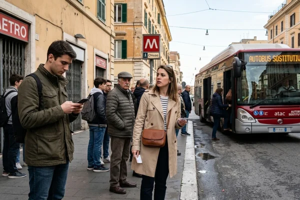 Banchina della metropolitana di Roma con display informativo sui treni sospesi