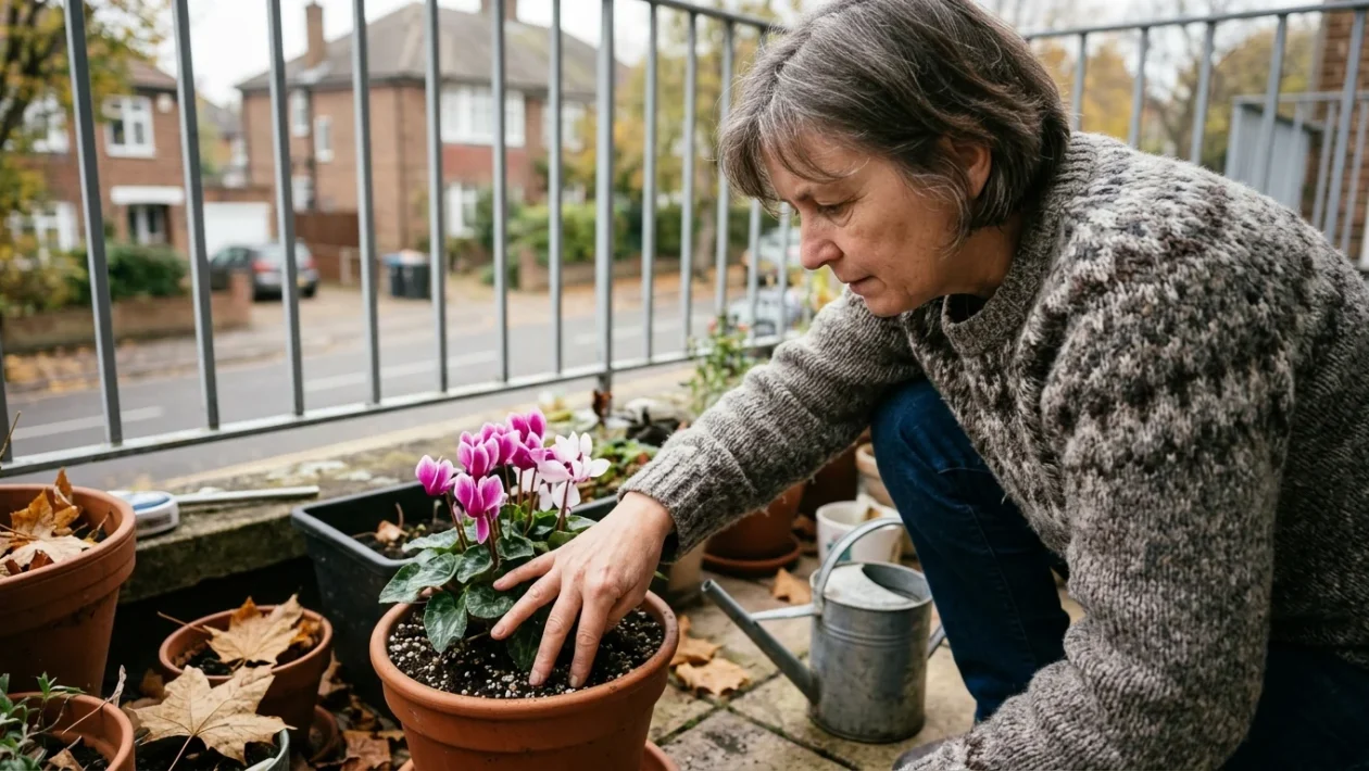 Ciclamini in vaso colorati fioriti all'aperto su un davanzale autunnale