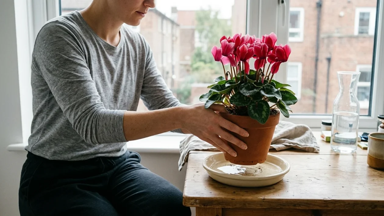 Ciclamino fiorito coltivato in vaso con fiori rosa e foglie verdi striate