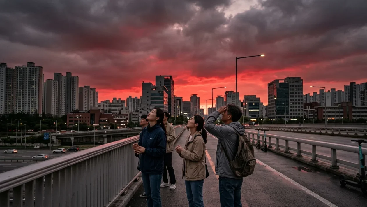Il cielo rosso prima del violento temporale a Changzhou in Cina