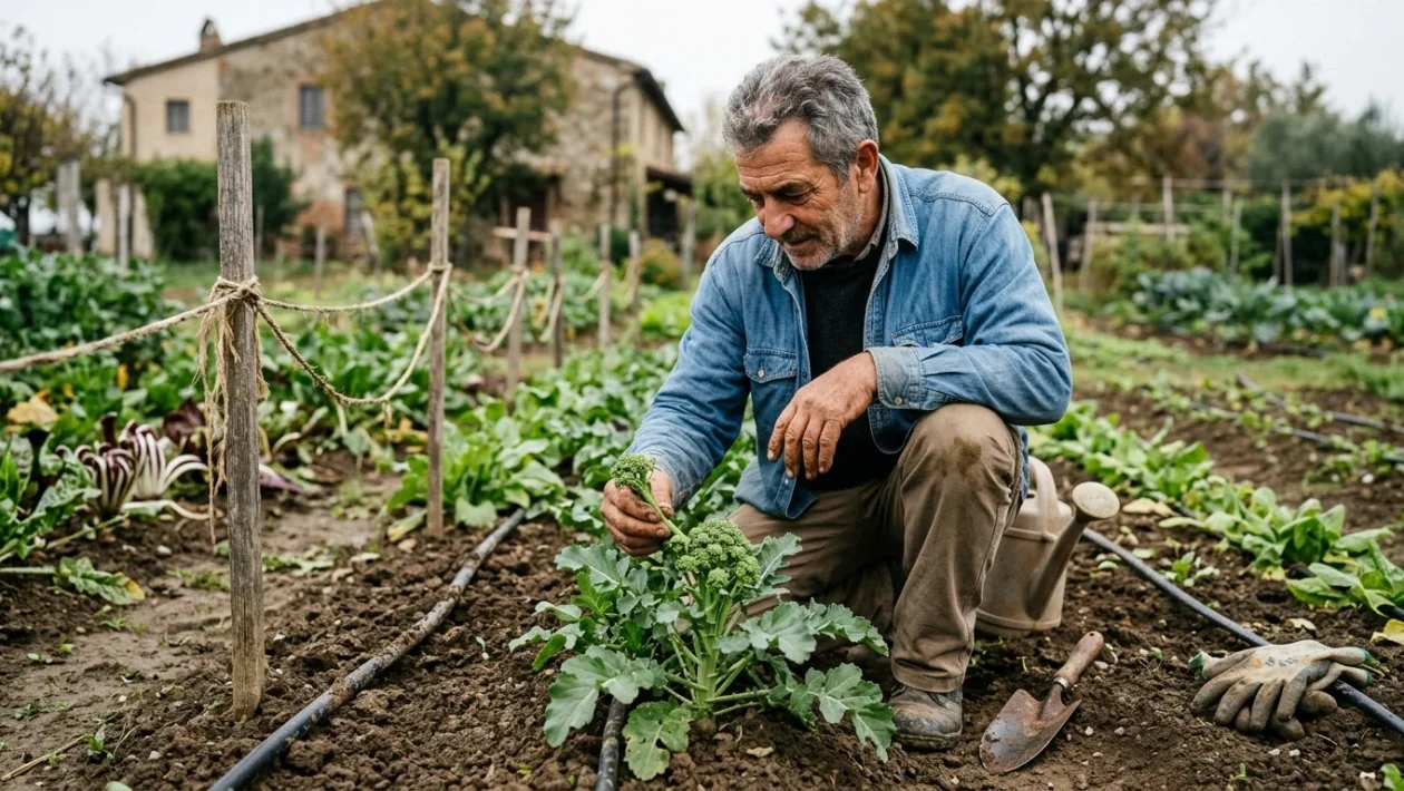 Piante di cime di rapa con infiorescenze verdi pronte per la raccolta nell'orto