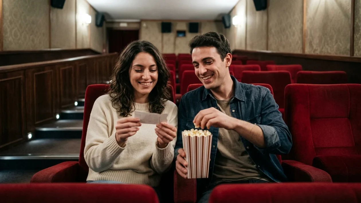 Biglietto per il cinema davanti a uno schermo cinematografico illuminato