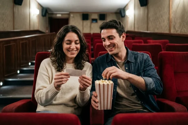 Biglietto per il cinema davanti a uno schermo cinematografico illuminato