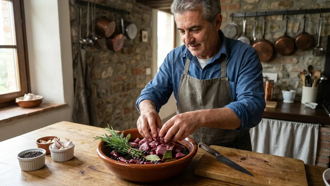 Spezzatino di cinghiale in umido alla toscana servito in un tegame di terracotta con alloro e bacche di ginepro