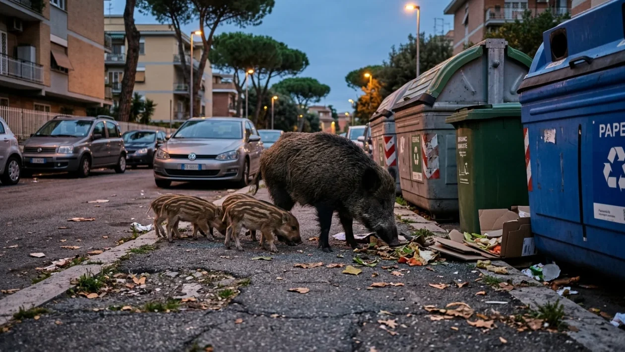 Branco di cinghiali che attraversa una strada residenziale a Roma Nord vicino ai cassonetti