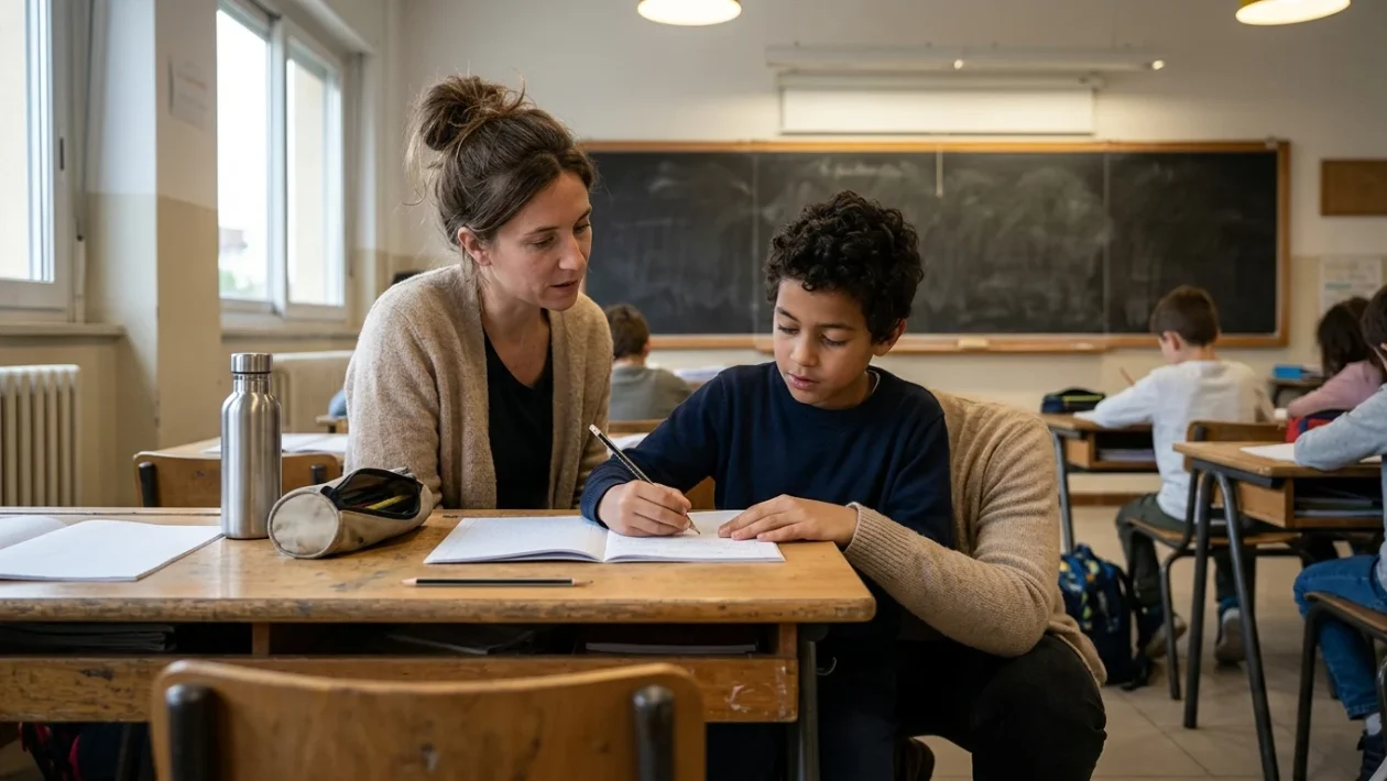 Aula scolastica con banchi e cattedra rappresentativa del modello scolastico inclusivo