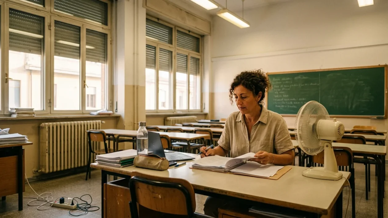 Aula scolastica italiana con banchi e finestre