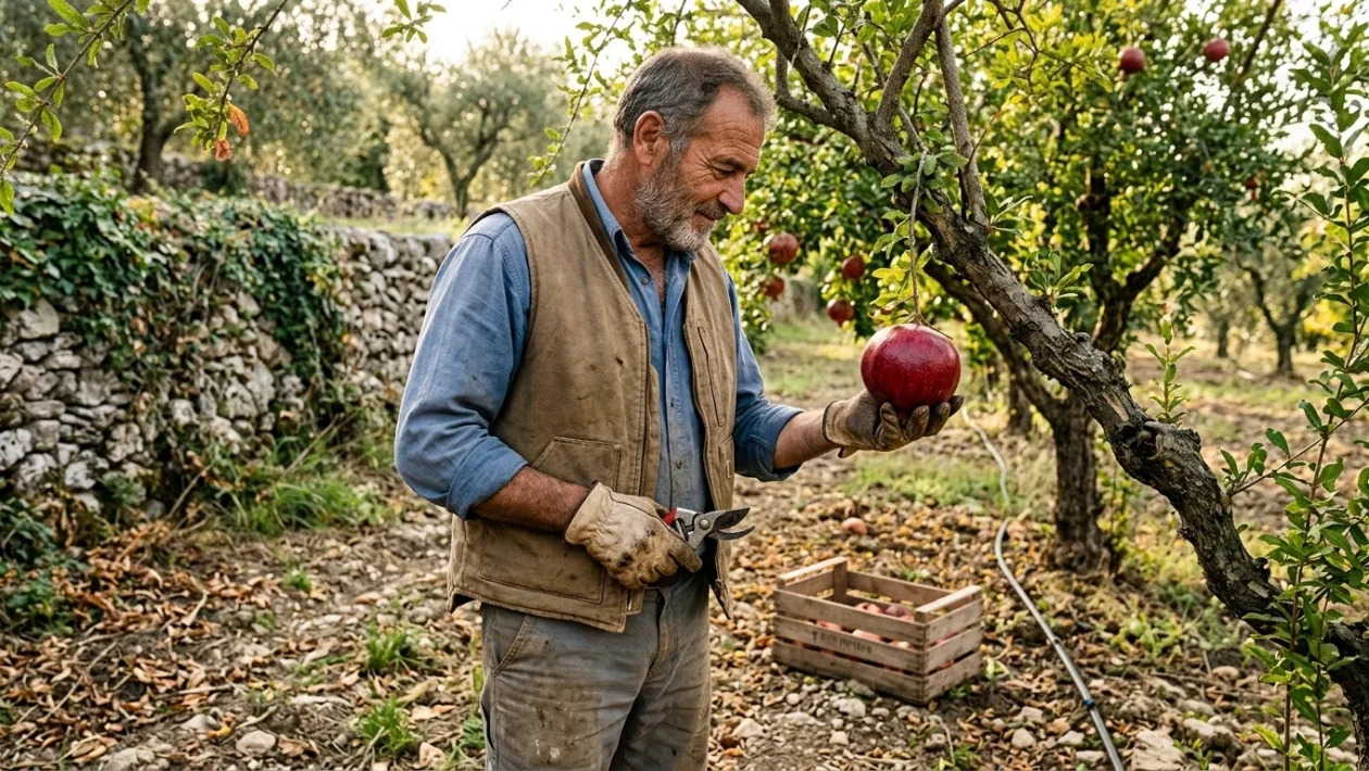 Albero di melograno con frutti maturi rossi sui rami