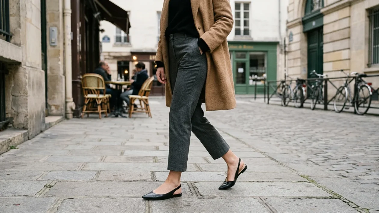 Primo piano di slingback basse nere indossate con pantaloni sartoriali alla caviglia