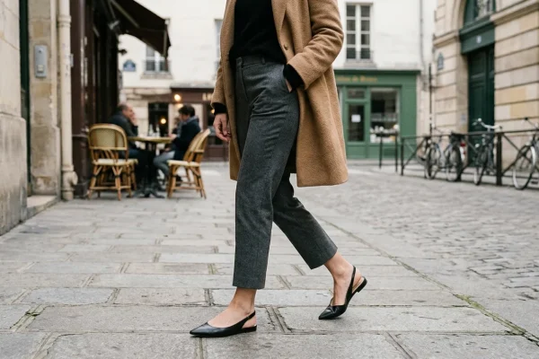 Primo piano di slingback basse nere indossate con pantaloni sartoriali alla caviglia