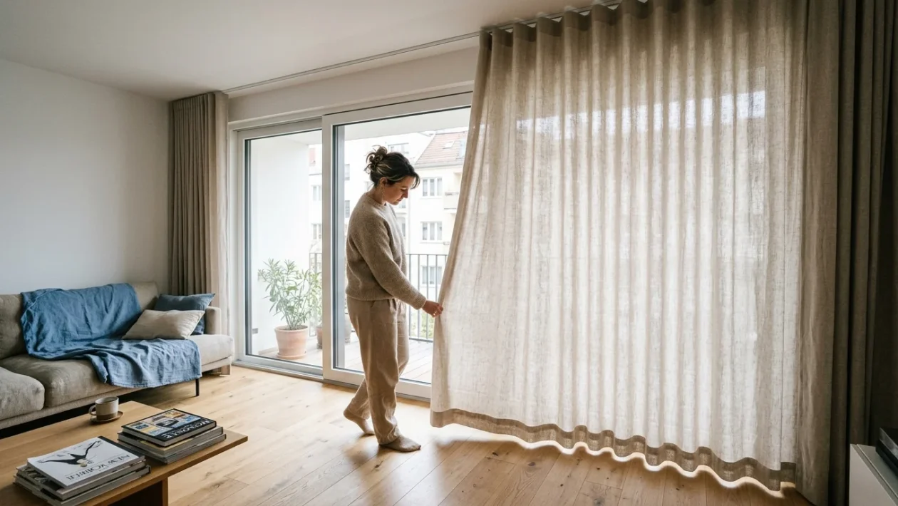Tende moderne a tutta altezza con sistema a binario a soffitto in un soggiorno luminoso
