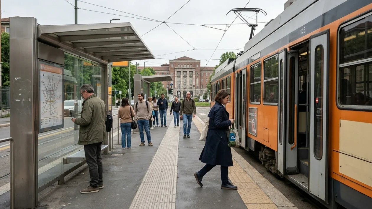 Tram ATM e fermata dei mezzi pubblici di fronte all'Ospedale Niguarda di Milano