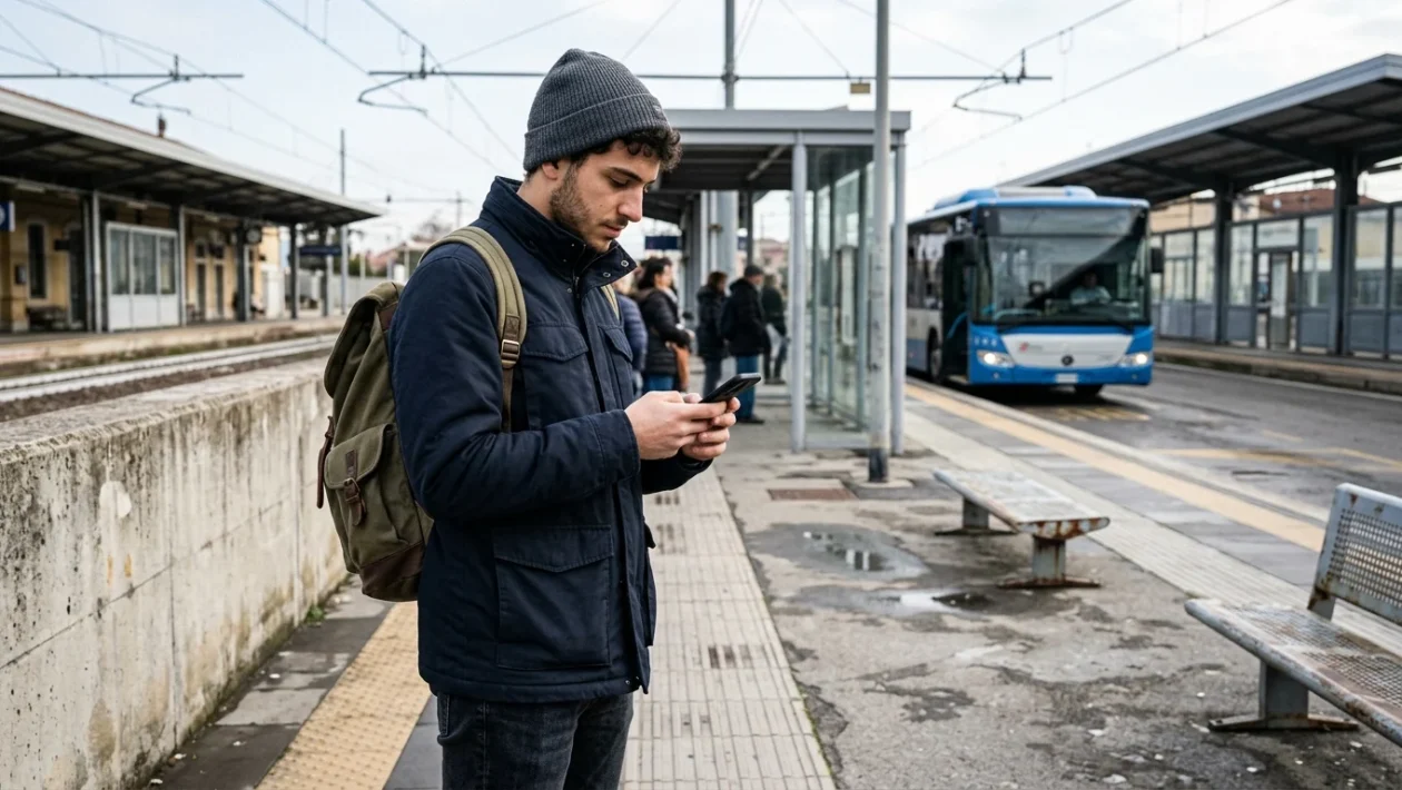 Autobus del trasporto pubblico TUA e treno regionale in stazione lungo la tratta Teramo Giulianova