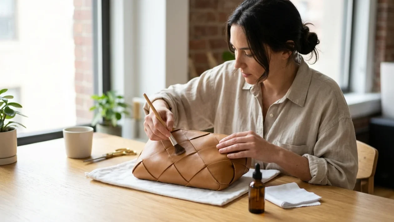 Dettaglio della lavorazione artigianale in pelle intrecciata tipica delle borse di lusso