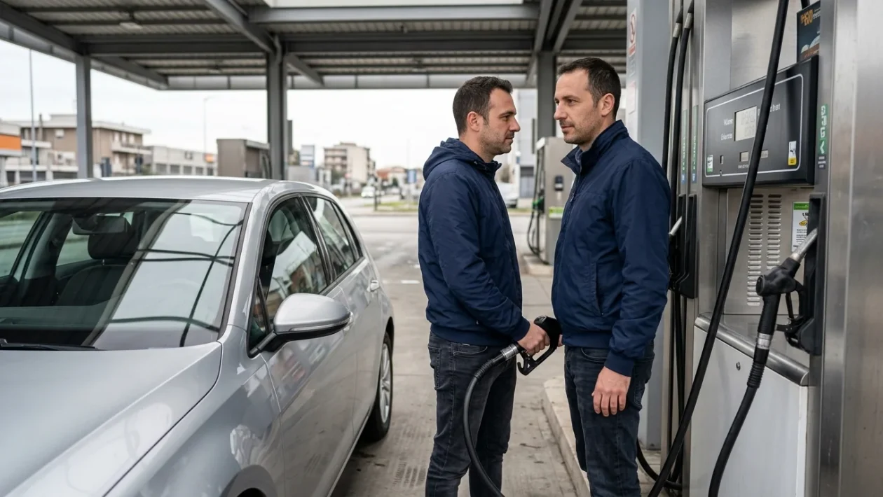 Automobilista che effettua il rifornimento di carburante presso una stazione di servizio