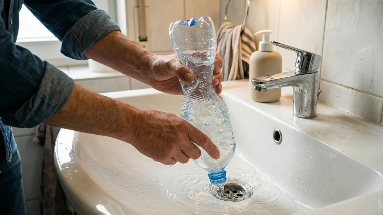 Bottiglia di plastica utilizzata per creare pressione nello scarico del lavandino