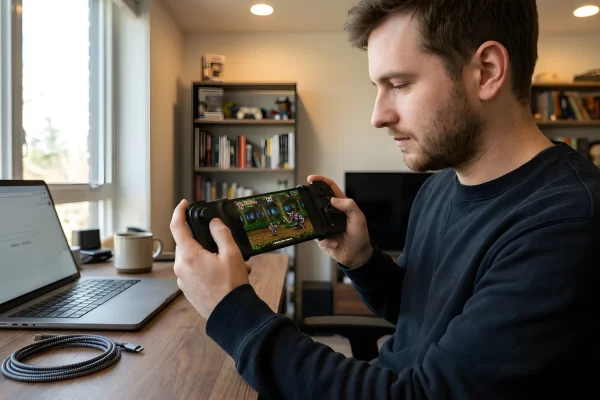 Smartphone inserito in un controller telescopico con gioco retro sullo schermo, su scrivania accanto a laptop e microSD