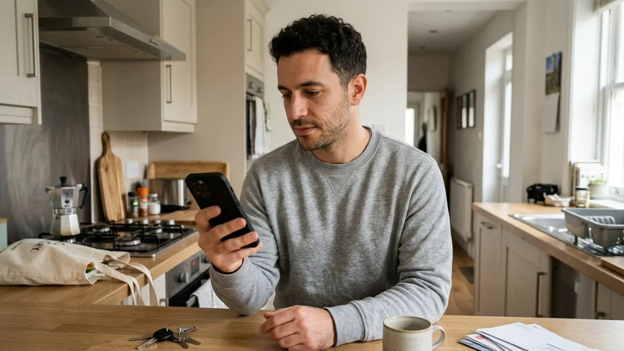 Persona che consulta lo smartphone davanti all'ingresso di un supermercato illuminato