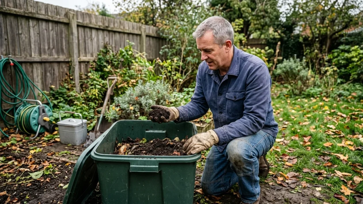 Compostiera da giardino aperta con terriccio organico maturo e foglie secche