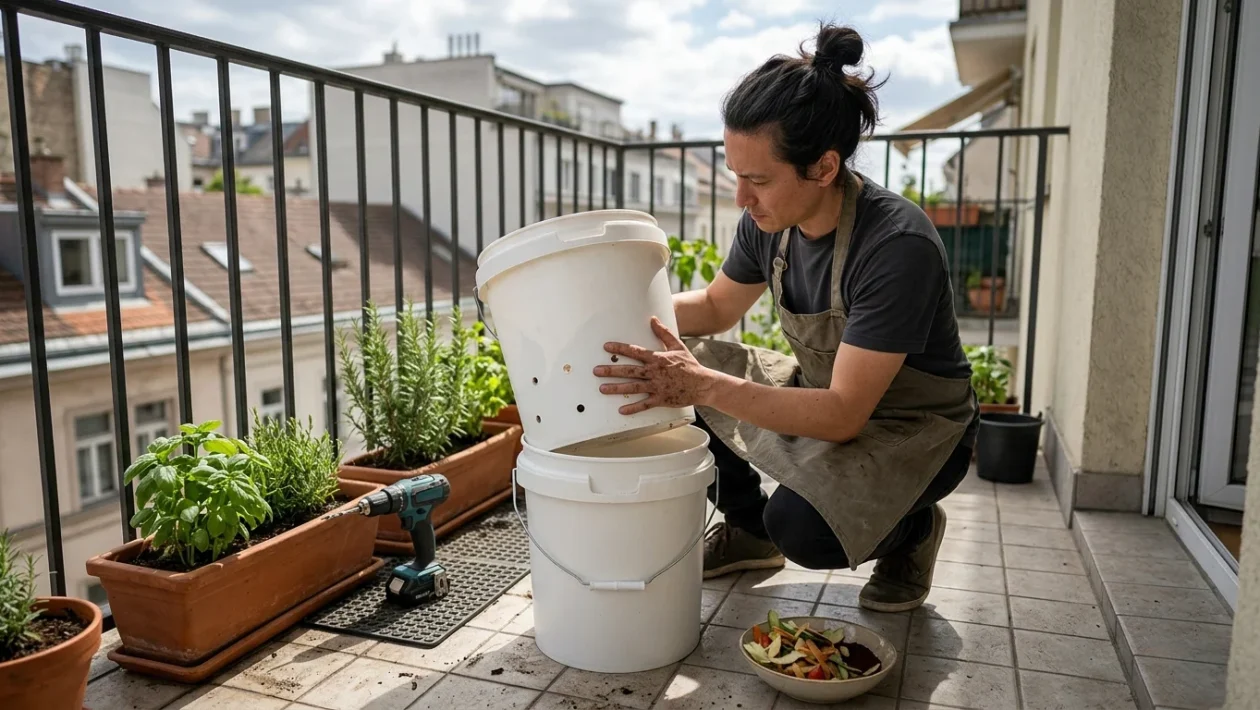Compostiera da balcone fai da te a doppio secchio per il riciclo degli scarti organici
