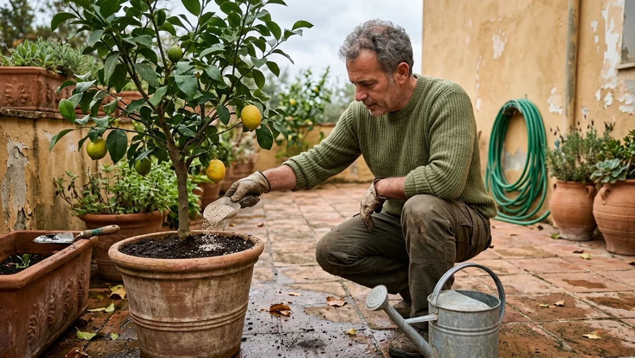 Limoni maturi su un albero vigoroso coltivato in vaso all'aperto