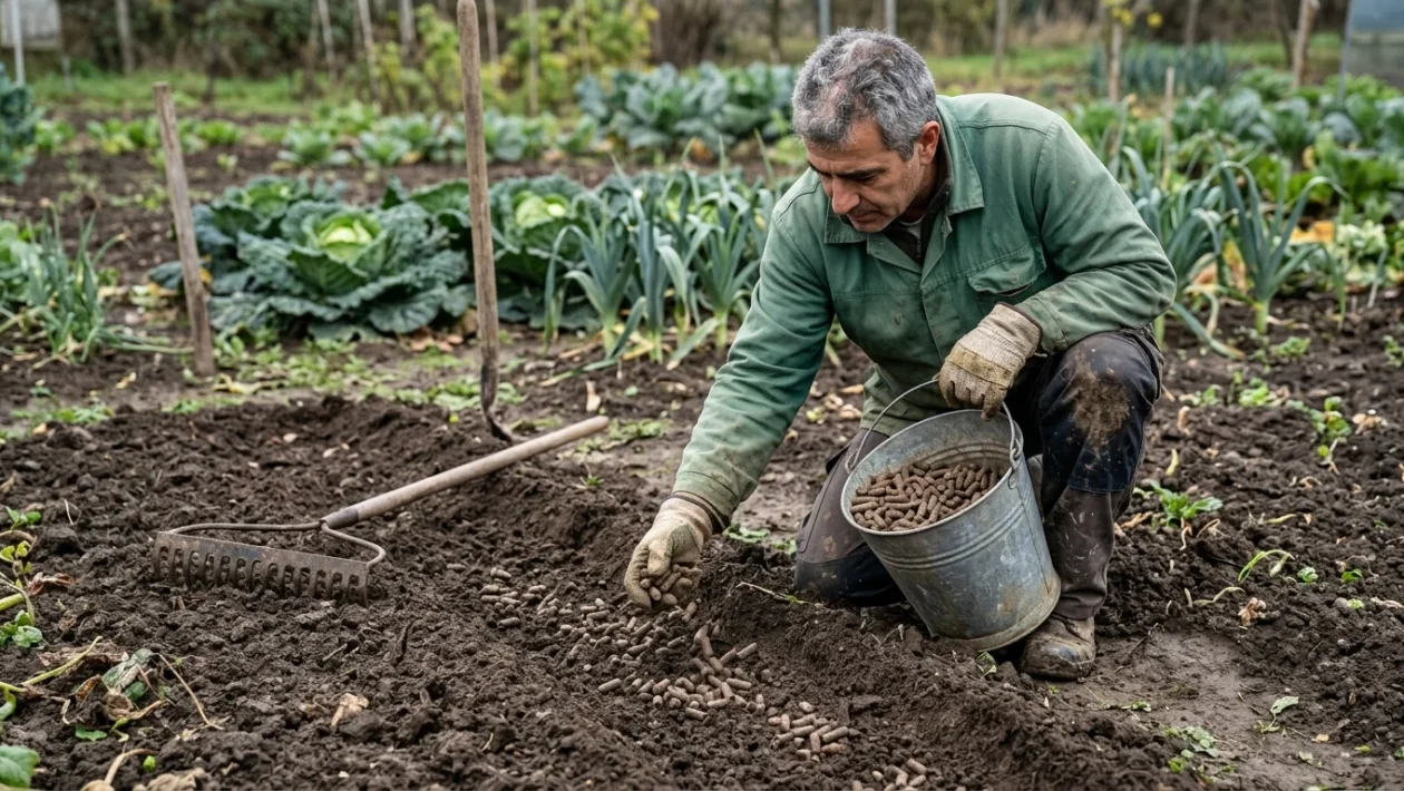 Granuli di concime organico pellettato distribuiti sul terreno dell'orto preparato per le semine autunnali