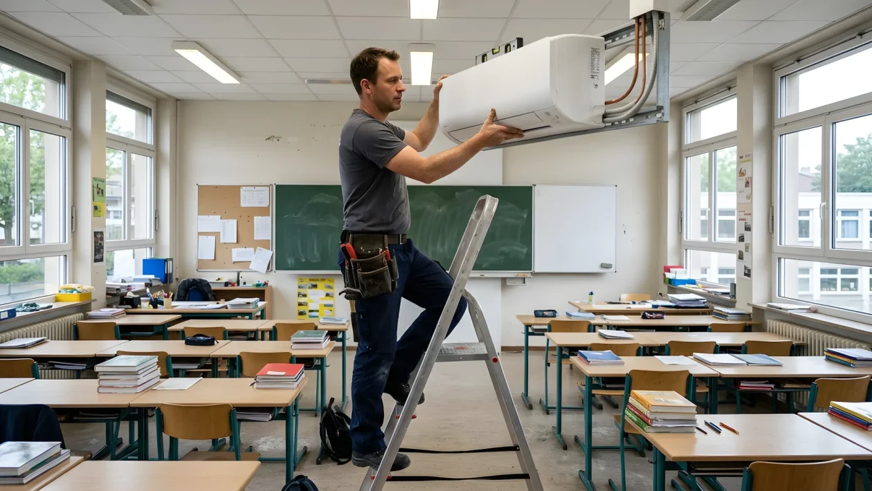 Aula scolastica con condizionatore d'aria installato sulla parete