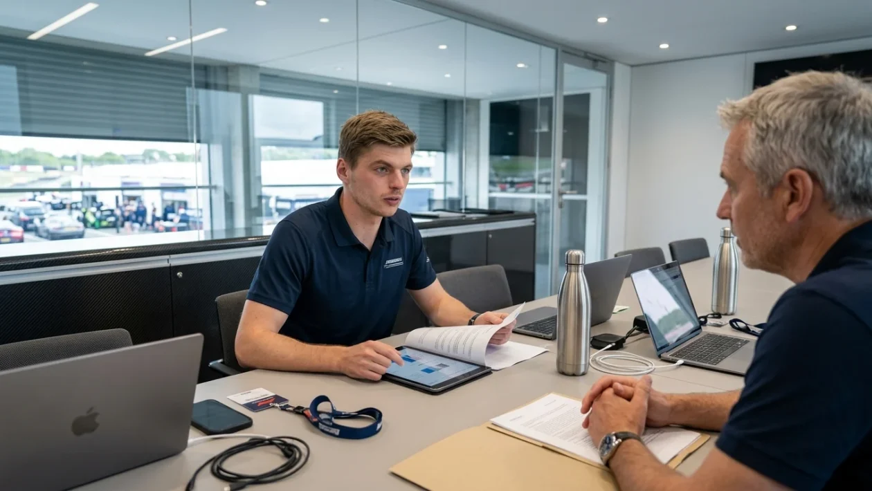 Max Verstappen nel paddock di Formula 1 con la tuta della Red Bull Racing