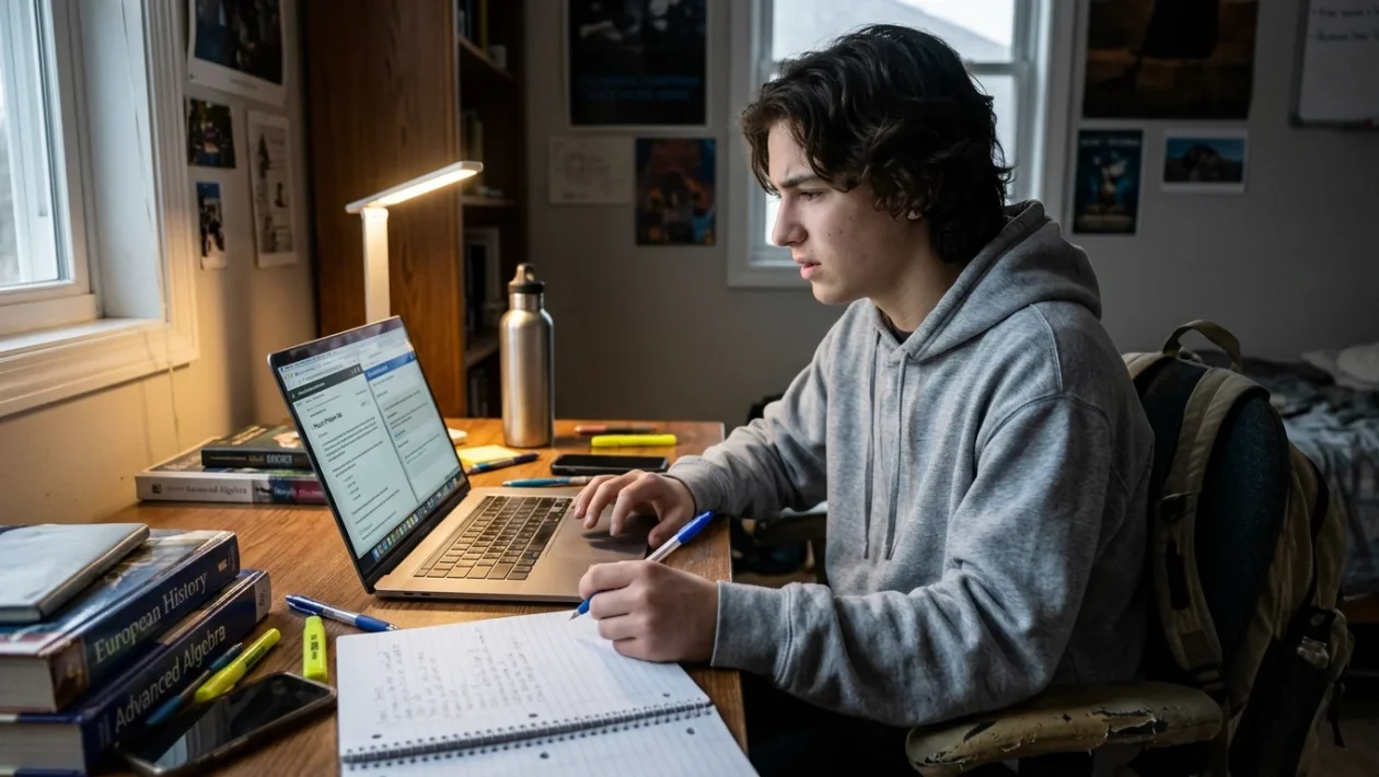 Studente alla scrivania che utilizza un computer portatile e uno smartphone per svolgere i compiti scolastici