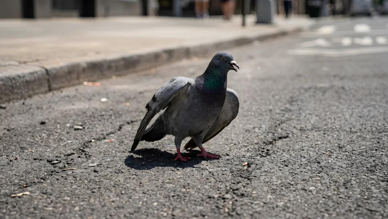 Piccioni che affrontano il caldo sull'asfalto cittadino