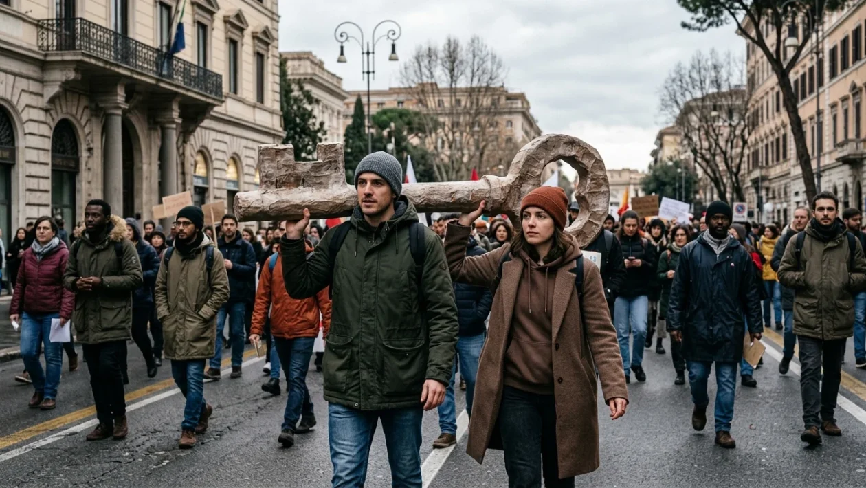 Corteo a Roma con striscioni e manifestanti per l'occupazione di Spin Time