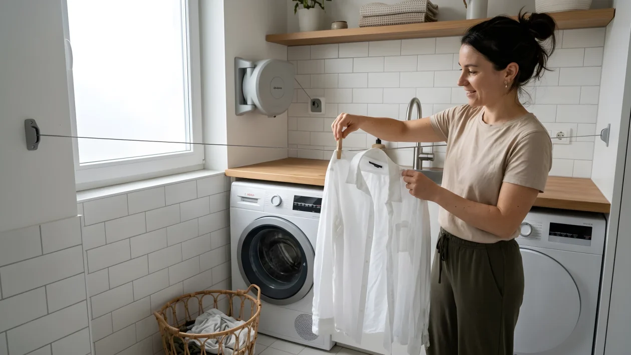 Uno stendibiancheria aperto all'interno di un bagno di piccole dimensioni