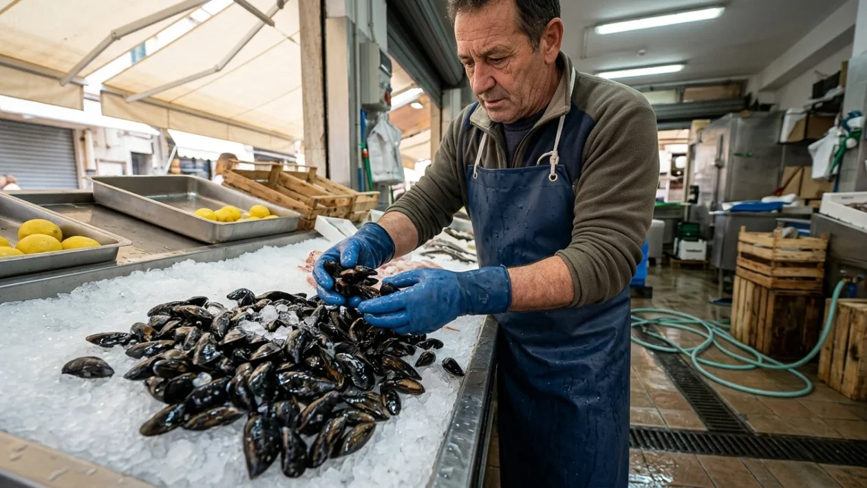 Cozze fresche sul banco del pesce