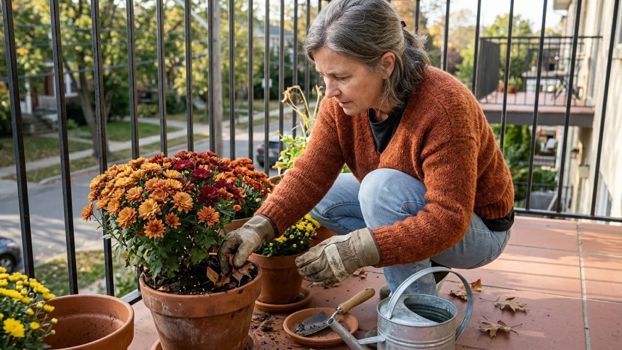 Piante fiorite di crisantemi coltivate in vaso su un balcone autunnale esposto al sole
