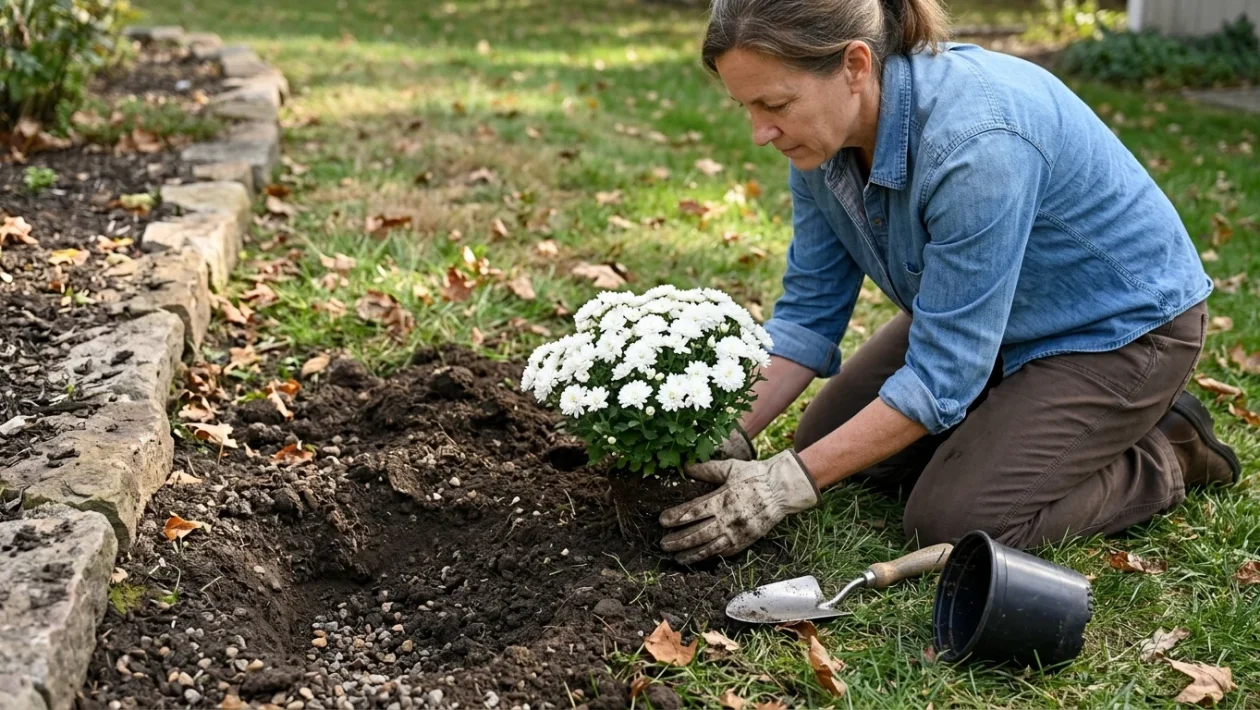 Cespuglio di crisantemo bianco fiorito in un'aiuola da giardino ben curata