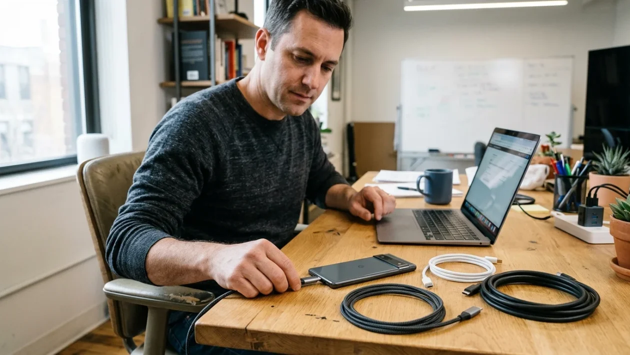 Smartphone con cavo USB-C collegato e altri due cavi USB-C sul tavolo, con un laptop sfocato sullo sfondo