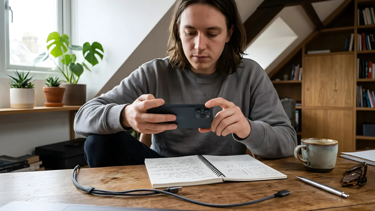 Mano che tocca uno smartphone appoggiato su una scrivania in legno