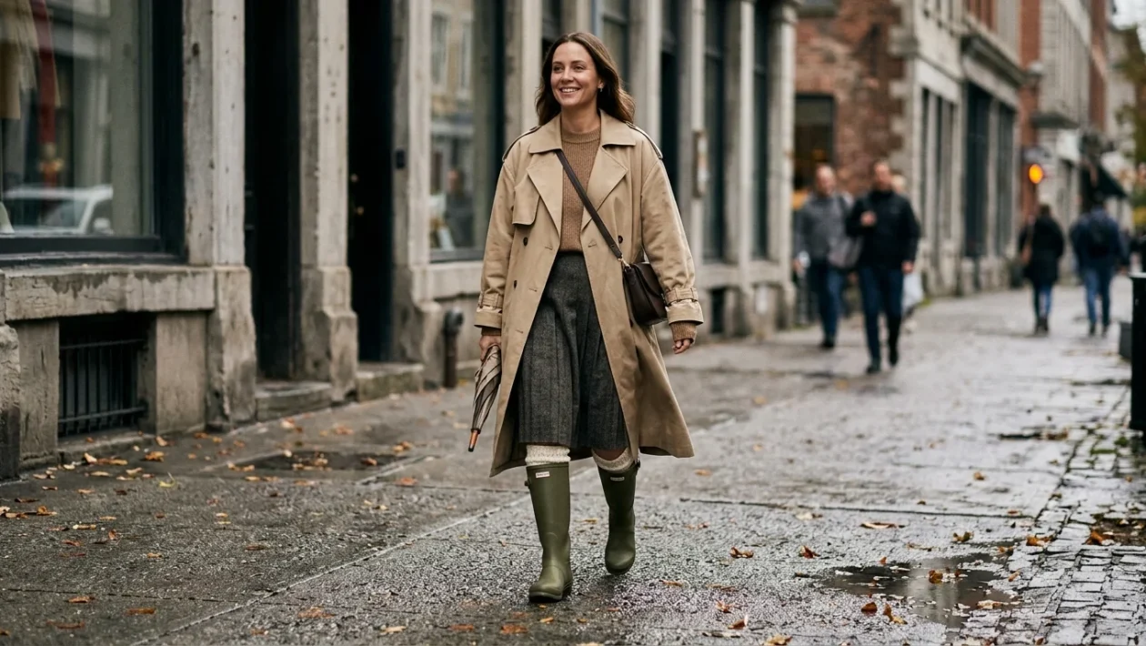 Stivali in gomma Hunter indossati per un look casual