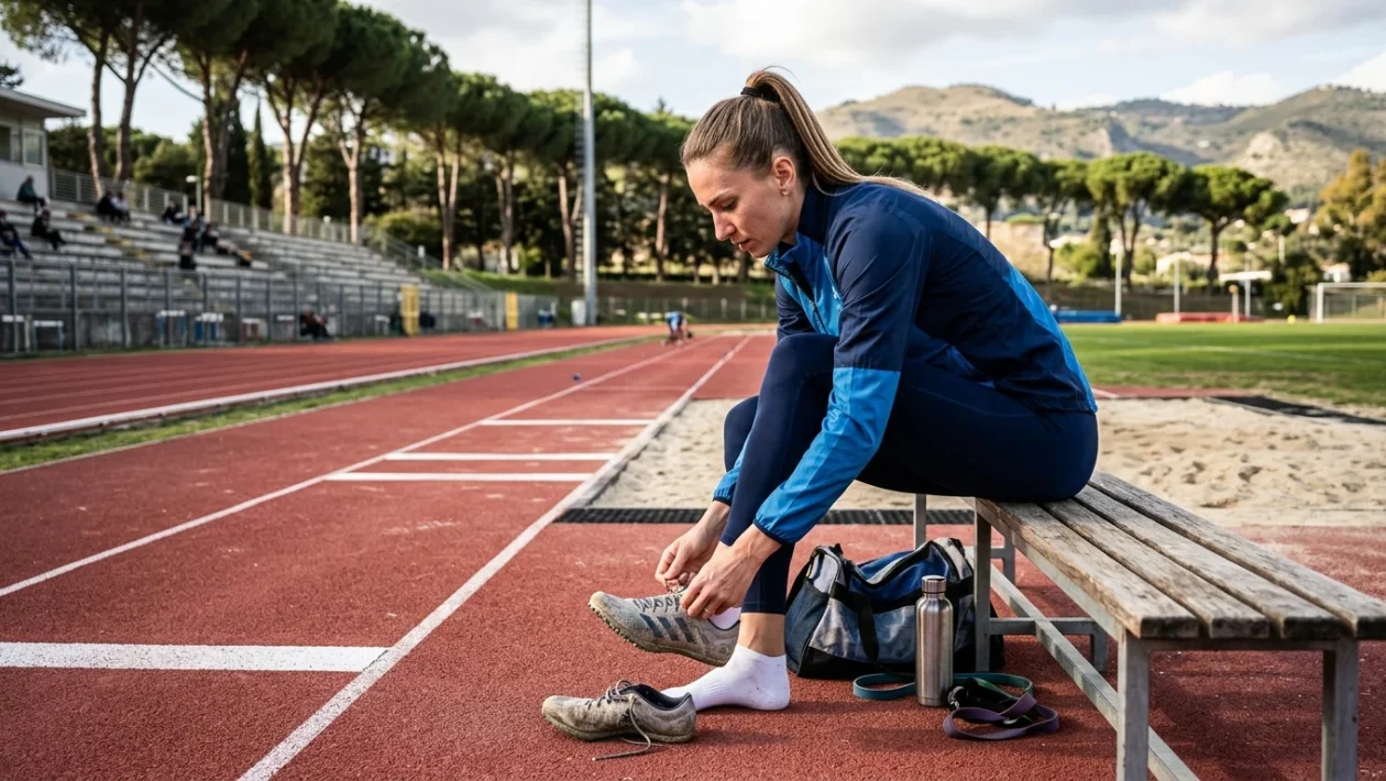 Dariya Derkach durante una sessione di salto triplo in pista